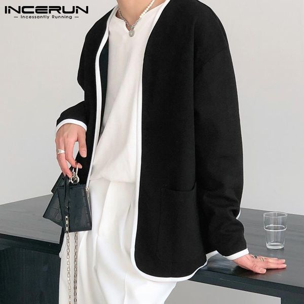 

men's casual shirts incerun 2021 korean style men blouse fashion contrast thin cardigan jackets long sleeved loose streetwear s-5xl, White;black