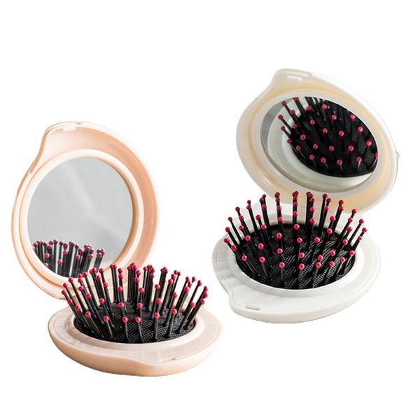 

portable mini folding round makeup mirror with airbag massage comb hair brush d5bf brushes, Silver