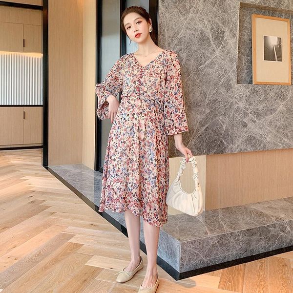

spring fashion long lantern sleeve maternity chiffon dress v-neck pregnancy floral pregnant woman empire sweet dresses, White
