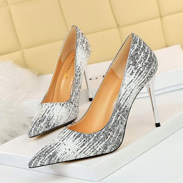 

dress shoes european and american nightclubs were thin high heels stiletto shallow mouth pointed sparkling sequin women's si, Black