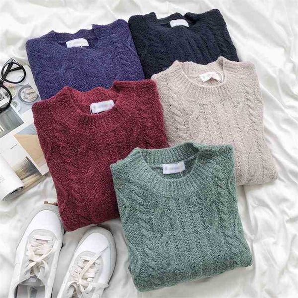 

woman vintage sweater autumn winter thick warm loop yarn korean pullover women solid long sleeved knitted sweaters 210525, White;black