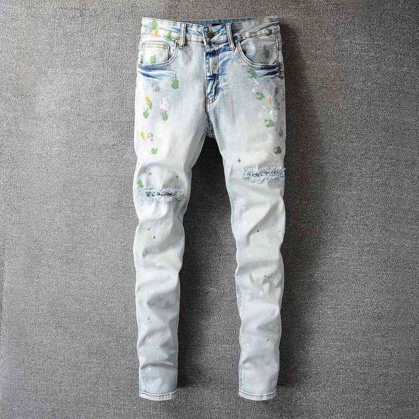 

men's jeans light blue street ripped motorcycle pants retro hole punk designer graphic 330b