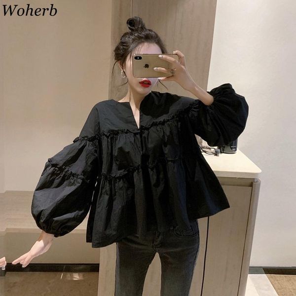 

women's blouses & shirts woherb fashionable puff sleeve for women loose causal black womens korean chic blusa chemise 2021 summer, White