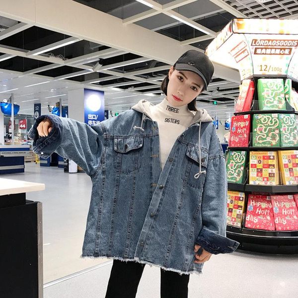 

women's jackets timis li women denim jacket loose and long slevee outerwear hooded high street fashionable korean style ladies jeans, Black;brown