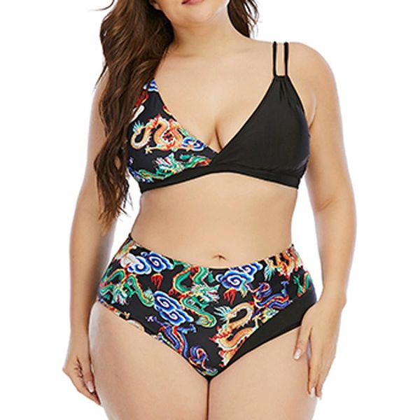 

women's swimwear plus size swimsuit printed bikini mujer two-piece suit chinese styles v-neck stroje kapielowe damskie, White;black