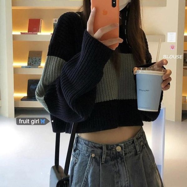 

women's sweaters style women pullovers short patchwork jumpers retro loose soft all-match knitted streetwear sweet fit, White;black