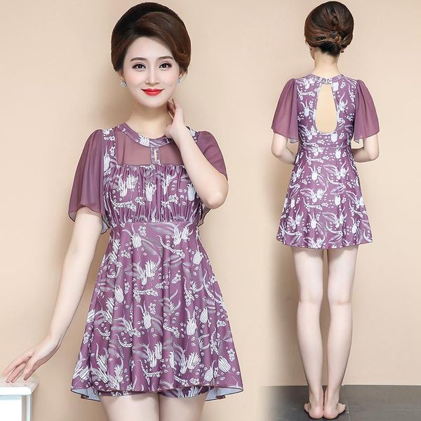 

one-piece suits loose large swimsuit women's fattening middle age lace conservative big chest short sleeve swimwear bathing suit