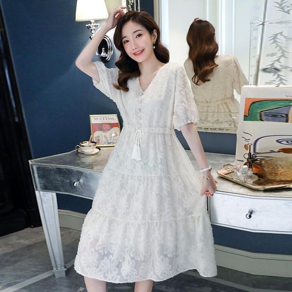 

maternity chiffon jacquard dress summer short sleeve v-neck pregnant women loose tassel drawstring pregnancy dresses, White