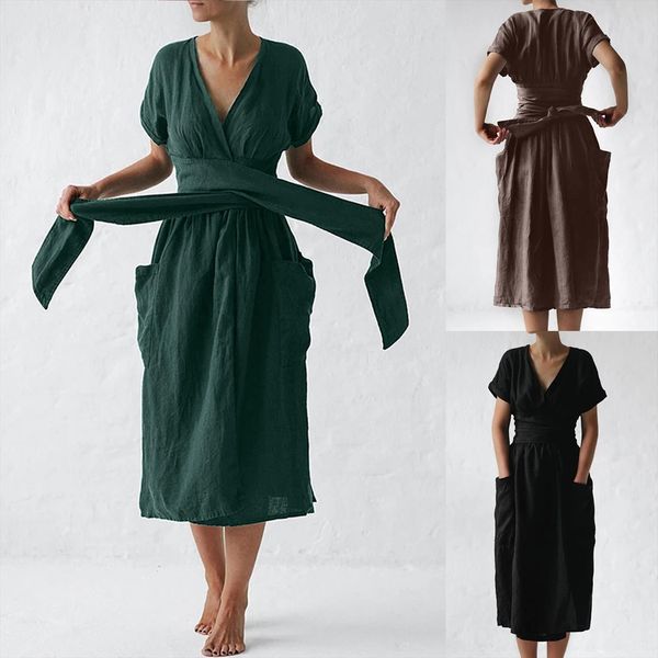 

solid cotton linen women dress short sleeve v neck summer casual pocket sashes split hem strap vestidos, Black;gray