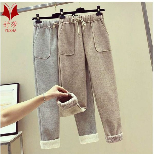 

women's pants & capris woolen casual autumn winter faux cashmere high waist straight cropped harem flanging trousers warm f4x5, Black;white