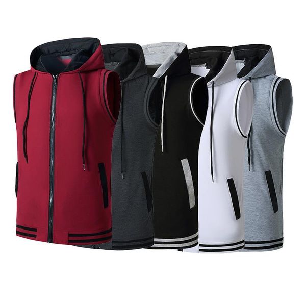

men's fitness hooded vest bodybuilding muscle tailoring t-shirt sleeveless sports weightlifting hoodie t-shirts, White;black
