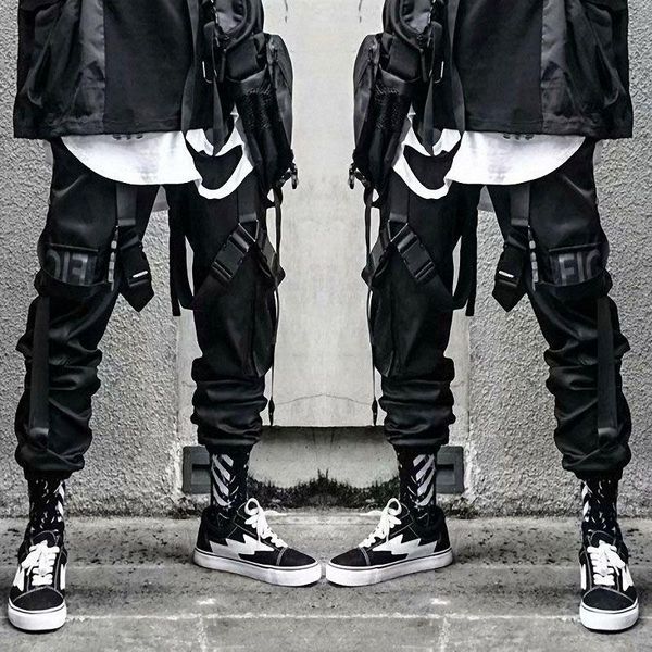 

men's pants 2021 joggers cargo for men casual hip hop hit color pocket male trousers sweatpants streetwear ribbons techwear, Black