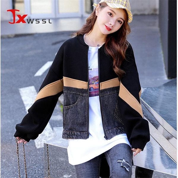 

women's jackets denim stitching baseball uniform jacket women ins tide korean loose casual long sleeve coat university style, Black;brown