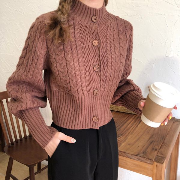 

women's sweaters autumn female thick jumper mid-neck high-neck lantern sleeve button thin sweater short retro-knit cardigan rqiy, White;black