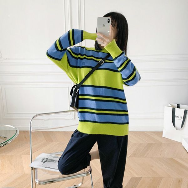 

sweater style early spring fashion classic versatile color matching stripes smiley face loose crew neck women's casual sweater a3, White;black