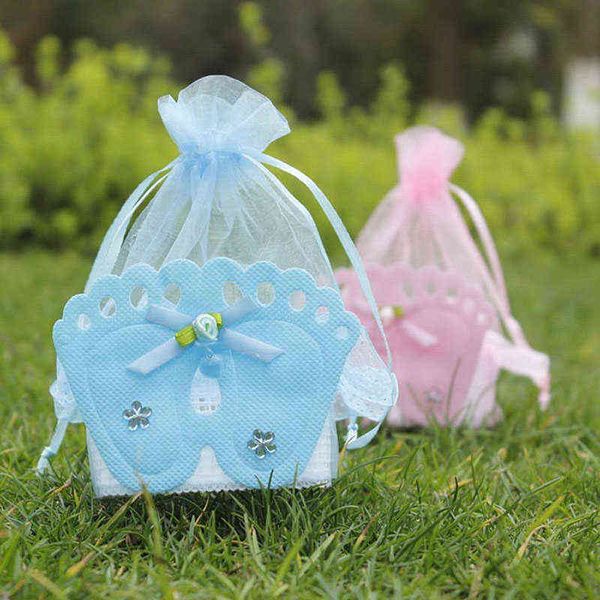 12 pezzi / set Baby Foot Candy Box Baby Shower Sweet Bag Footprints On The Beach Favor Free Ribbon Gift Box Battesimo Candy Container H1231