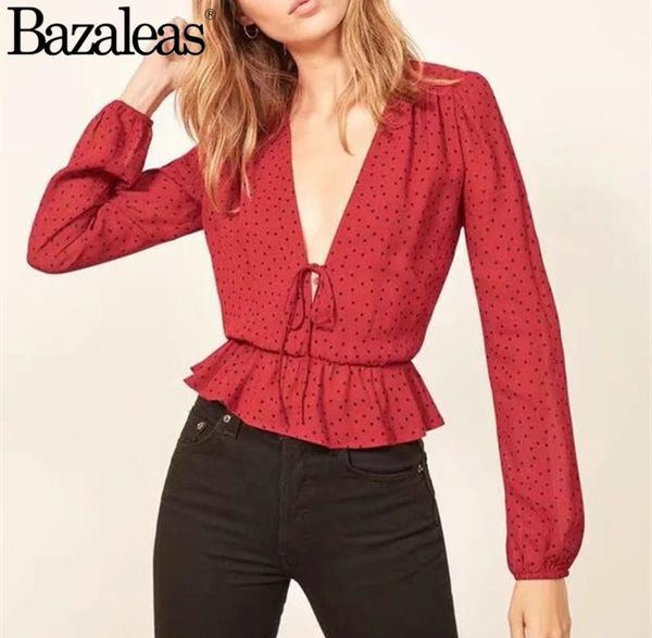 

women's blouses & shirts 2021 spring red black polka dot blouse front ties lantern sleeve seams ruffle waist deep v neck, White