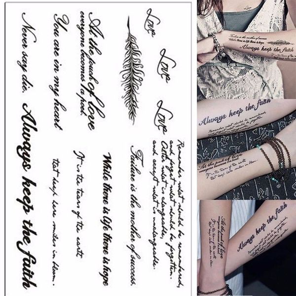 Temporary English palavra tatuagem adesivos realistas transferência de água preto letras penas corpo tatuagens de arte