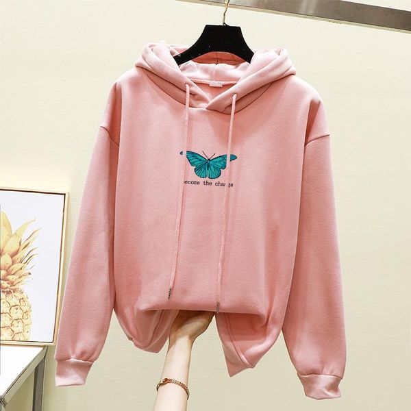 

women's hoodies & sweatshirts 2021 butterfly print hooded women autumn winter velvet thickened loose long sleeve hoody coats plus size, Black