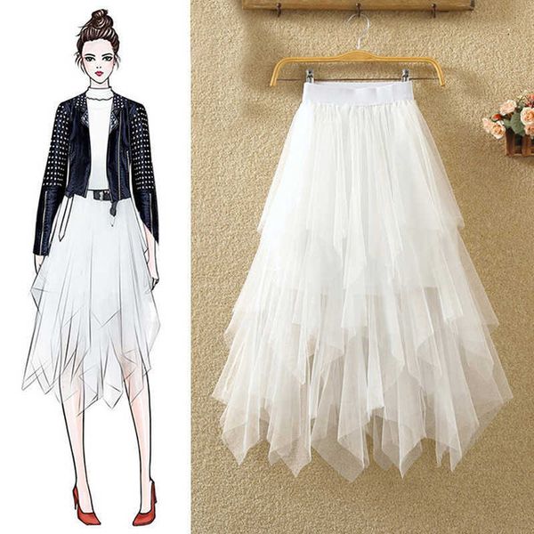 

tulle skirts womens faldas mujer moda 2021 fashion elastic high waist mesh tutu maxi pleated long midi saias jupe women's skirt y0824, Black