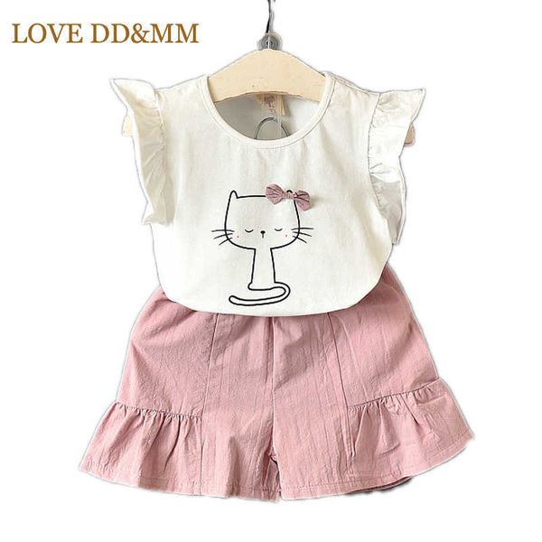 

love dd&mm girls sets summer children's clothing ks cute cat bow ruffled t-shirts + shorts two-piece suit for girl costume 210715, White