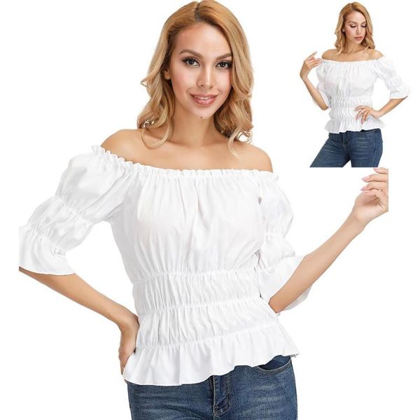 

women's blouses & shirts gothic blouse women off-shoulder slim-fit shirt steampunk girls medieval victorian cosplay fashion pirate cost, White