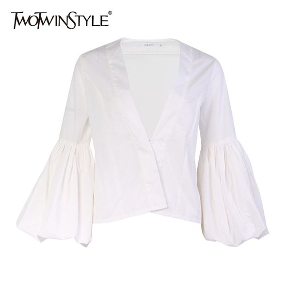 

elegant loose shirt for women v neck lantern long sleeve casual white blouse female fashion clothing 210524