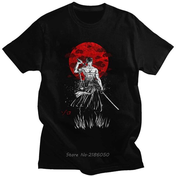

zoro roronoa t-shirt men 100% cotton one piece t shirt o-neck short sleeve swordsman tee pirate hunter tshirt harajuku x0621, White;black