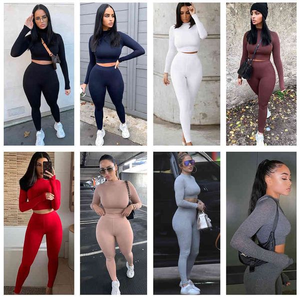 

women's two piece pants europe and america autumn women long sleeve leggings outfits solid color fashion slim breathable trend sports s, White