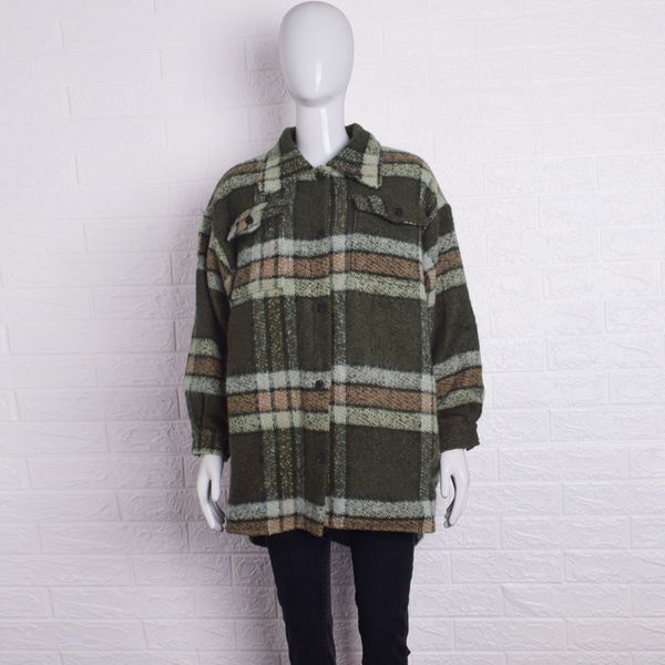 

wool women army green plaid woolen coat loose overcoat jacket 7x5b, Black