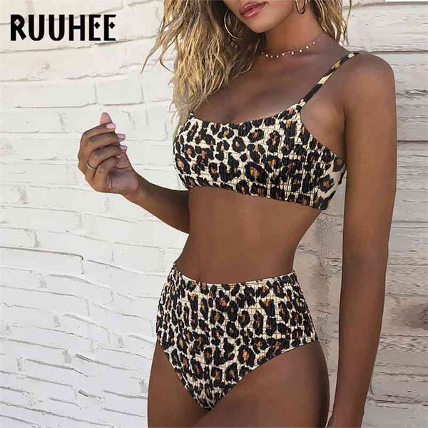 Ruuhee Leopardo Swimsuit Mulheres Pusham Bikini Shirred High Waist Swimwear Feminino Biquini Brasileira Natação Banheira 210629