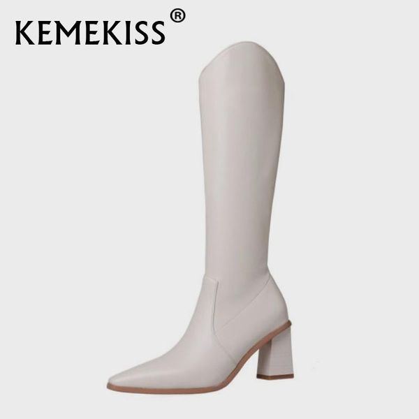 

boots kemekiss women long shoes pointed toe zipper thick high heels solid daily fashion winter female footwear size 34-39, Black
