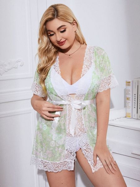 

plus lace trim floral print mesh belted robe i64b#, Black;white