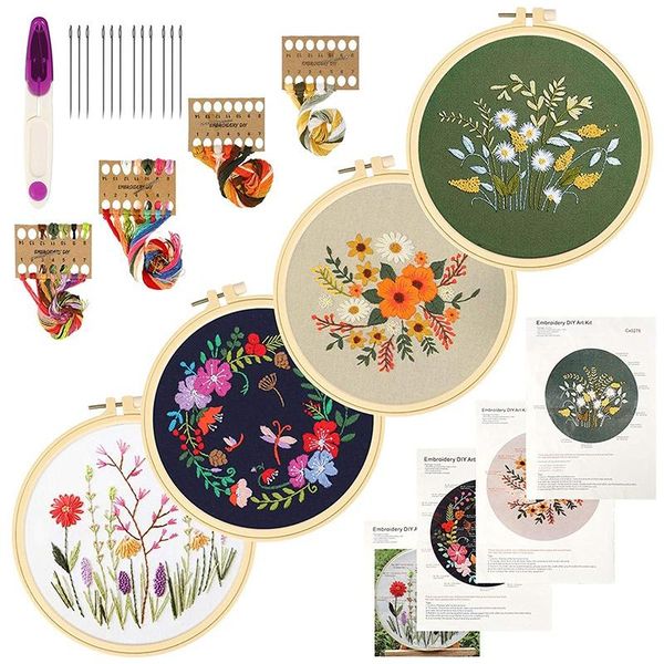 

other arts and crafts embroidery kit for beginners, 4 pack starter with pattern craft stamped, hoops, scissors