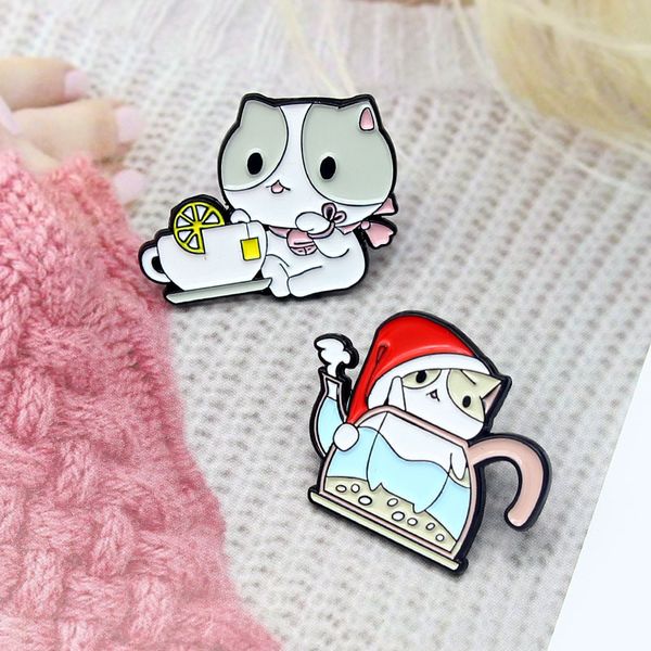 

cat drinking lemon tea enamel brooch kitten in the kettle lapel pin christmas hat cute animal bag clothes custom badge gifts, Blue