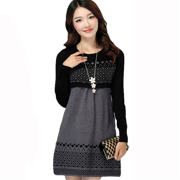 

female autumn winter neck plus size long casual sleeve cotton mesh sweater dress mini l747 7j3w, Black;gray