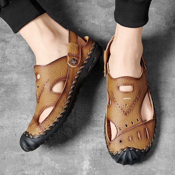 

summer men's sandals leather baotou hole shoes tide beach casual plus size two wear, Black