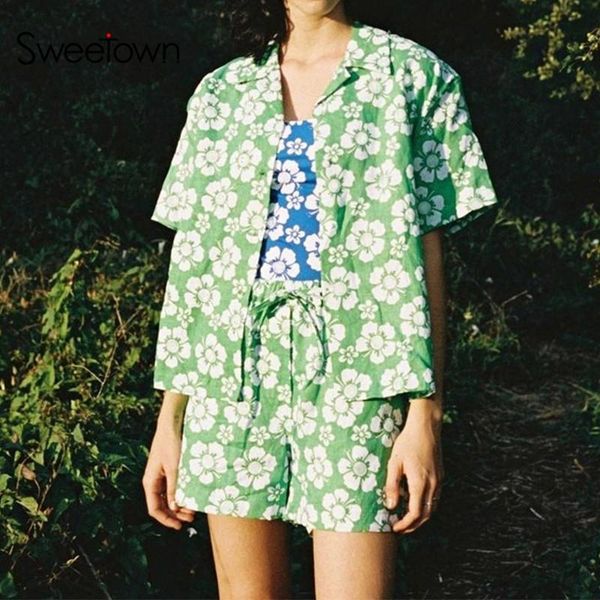 

women's tracksuits sweetown vintage floral two piece set women casual lounge wear plaid print blouse and high waist shorts beach, Gray