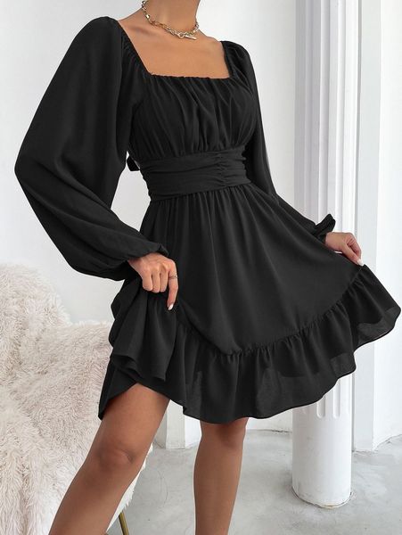 

knot back lantern sleeve ruffle hem dress u20q#, Black;gray