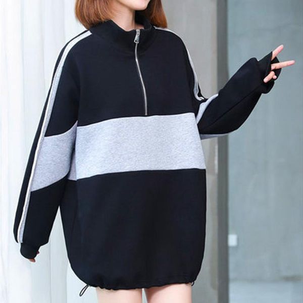 

women's hoodies & sweatshirts 5xl plus size women casual loose stand collar patchwork zipper back letter for females larger fleece top, Black