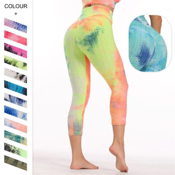 

yoga outfit fashion tie dye capri legging for women high waist stretchy athletic gym workout pants breathable push up tight leggings
