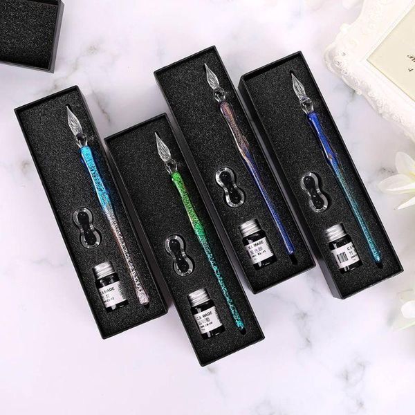

starry sky glass fountain dip pen holder signature ink set calligraphy writing stationery office school gift box pens