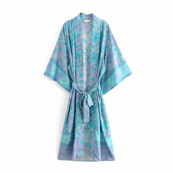 

women's blouses & shirts women long robe kimono cardigan summer boho blue floral print fashion bohemian sashes maxi beach shirt lo, White