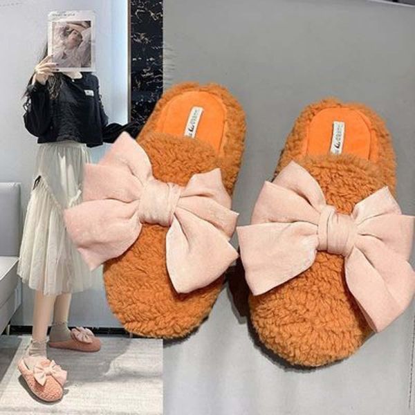 

lamb wool slippers cute peas shoes plus velvet thick-soled cotton bowknot home women's, Black