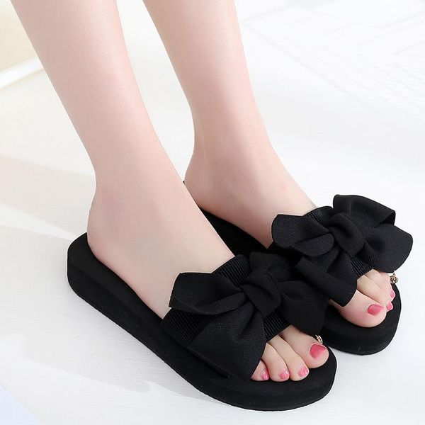 

slippers women summer bow shoes indoor outdoor non-slip breathable beach wedge platform slides ladies, Black