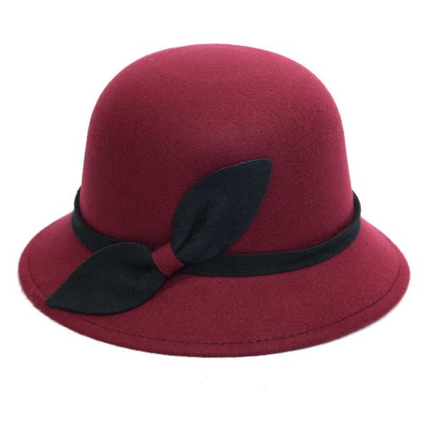 

autumn and winter warm imitation wool felt hat ear edge bow hat fashion women's wide brim, Blue;gray