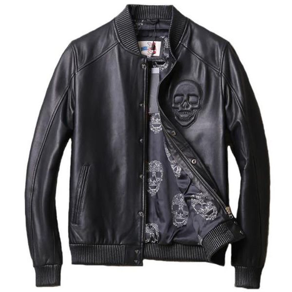 

men's leather & faux 4xl oversized mens real jacket american style plus size xxxxl skull pattern man's sheepskin jackets spring a7, Black