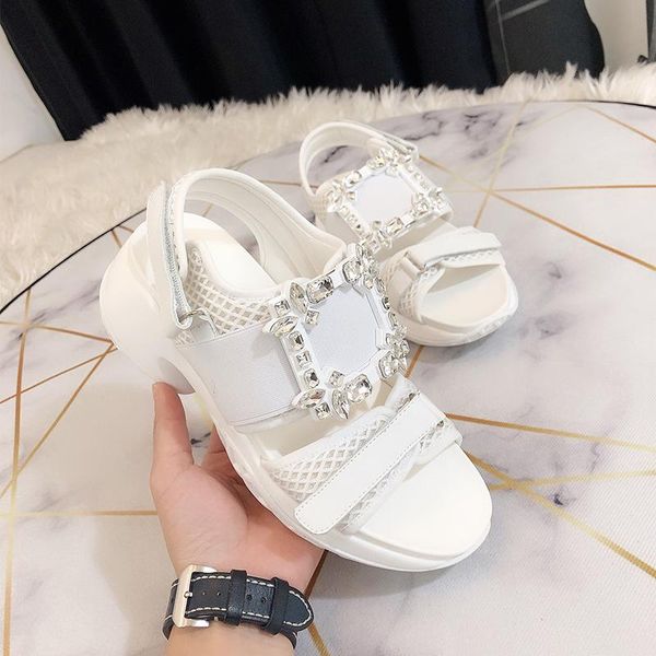 

women square buckle sandals trend casual rhinestone shoes girls summer platform hook & loop ladies woman, Black