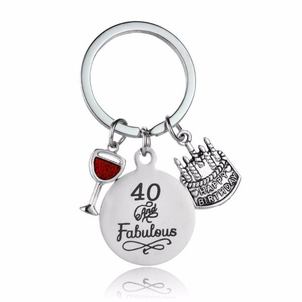 

keychains 12pc/lot enamel goblet 40 and fabulous birthday cake charm keychain stainless steel keyring for women men family gift key chains, Silver
