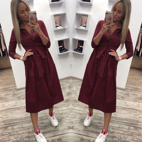 

casual dresses women sashes a line party ladies button turn down collar style shirt summer solid knee zx6v, Black;gray